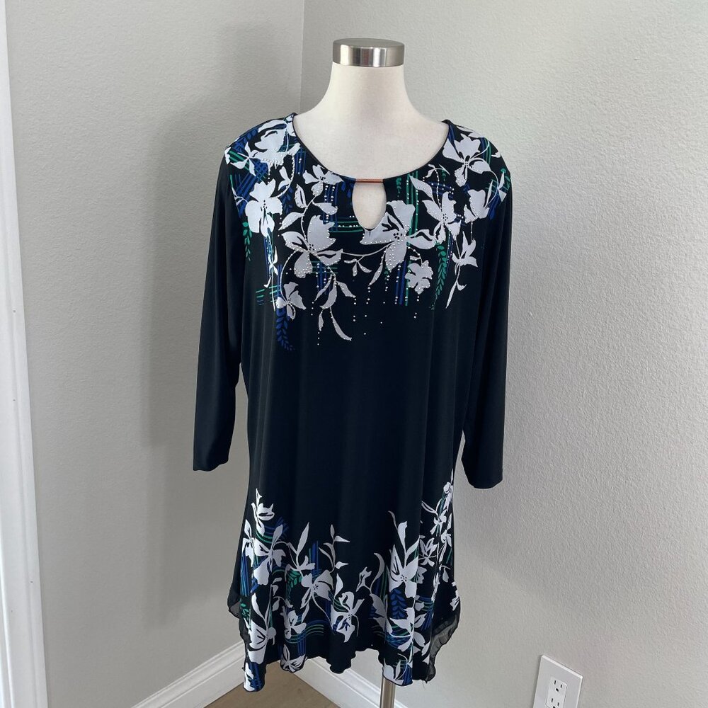 JM Collection Womens Plus 2X Black Floral Tunic Top Keyhole Neck 3/4‎ Sleeves